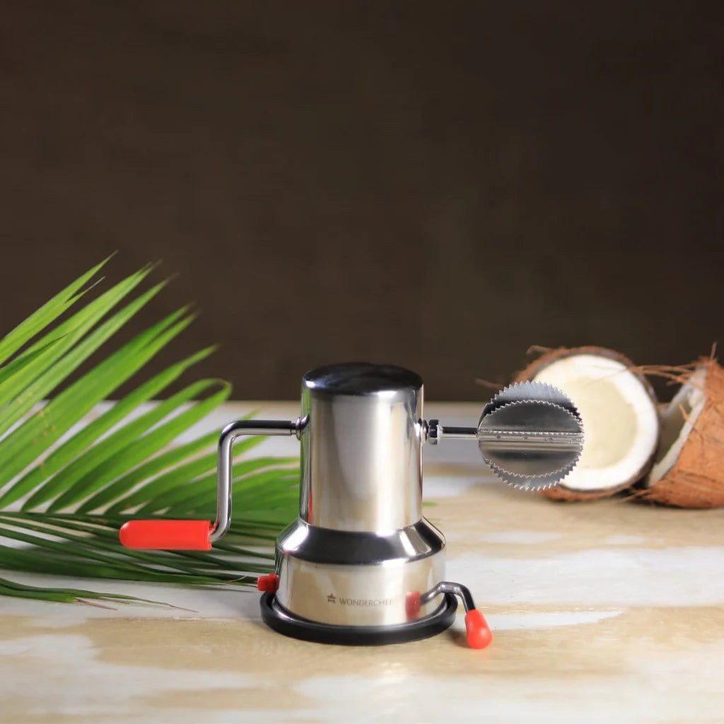 Stainless Steel Coconut Scraper for Kitchen, Vacuum Base, Rotatable Handle, Manual Operation, Silver